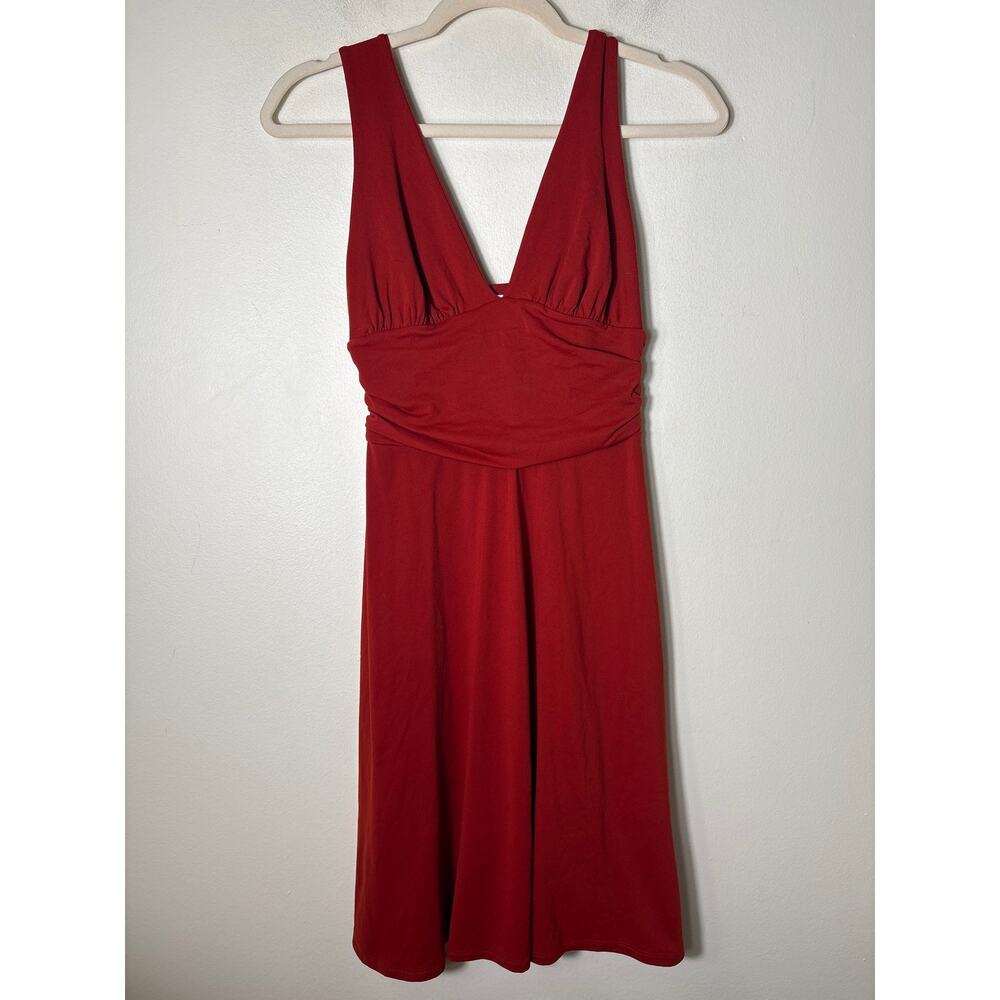 Susana Monaco Dark Orange Red Deep V Midi Dress Sz S